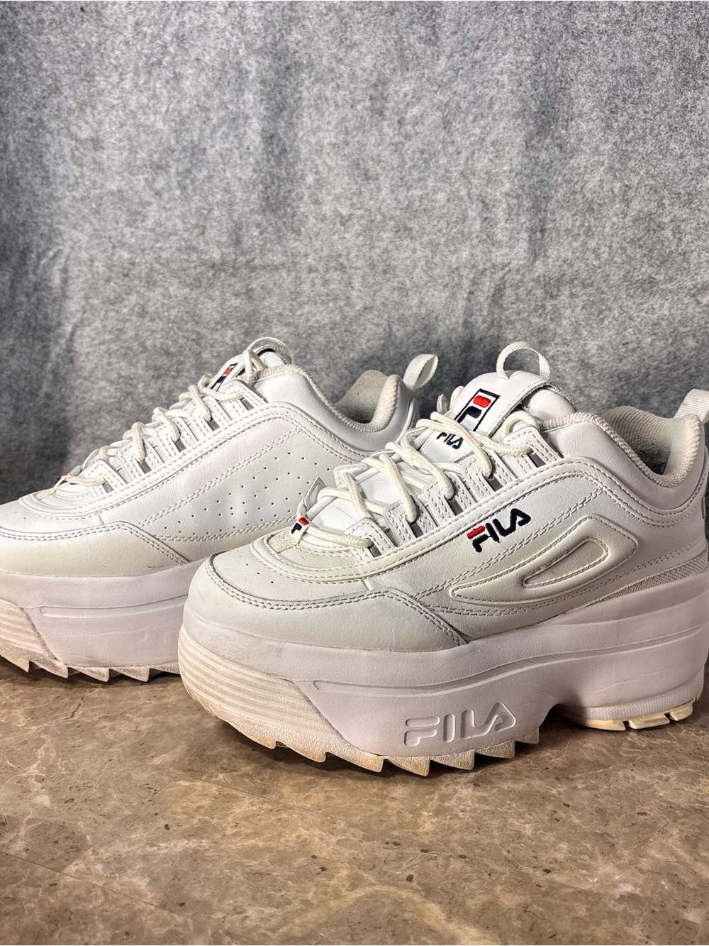 Fila White Platform Disruptor Sneakers with Red & Blue Logo - Size 8